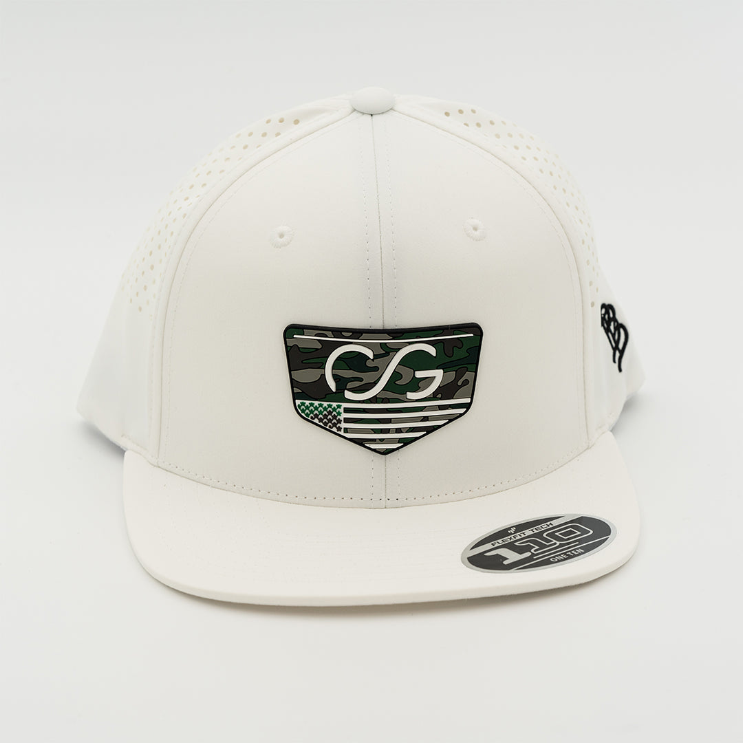 Branded Bills Bare Flat Performance Hat w Black and Grey Camo/ white Logo